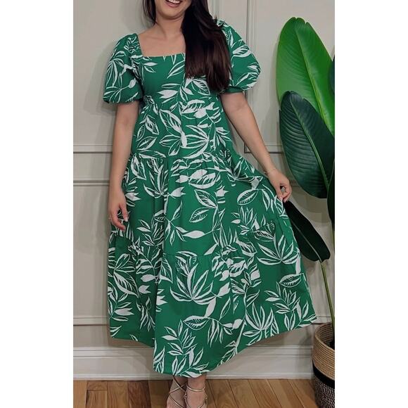 Meadow Rhodes Dresses & Skirts - Meadow Rhodes Midi Dress Green & White Cotton Leaf Print A-line Puff Sleeve Med